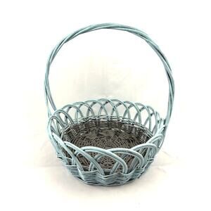 Light Blue Wicker Basket With Handle 16"x18" Vintage Cottagecore Home Decor